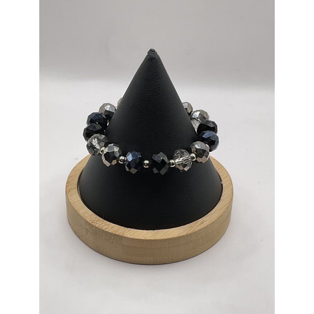 Beaded Stretch Bracelet With Black & Silver Faceted Beads For Women